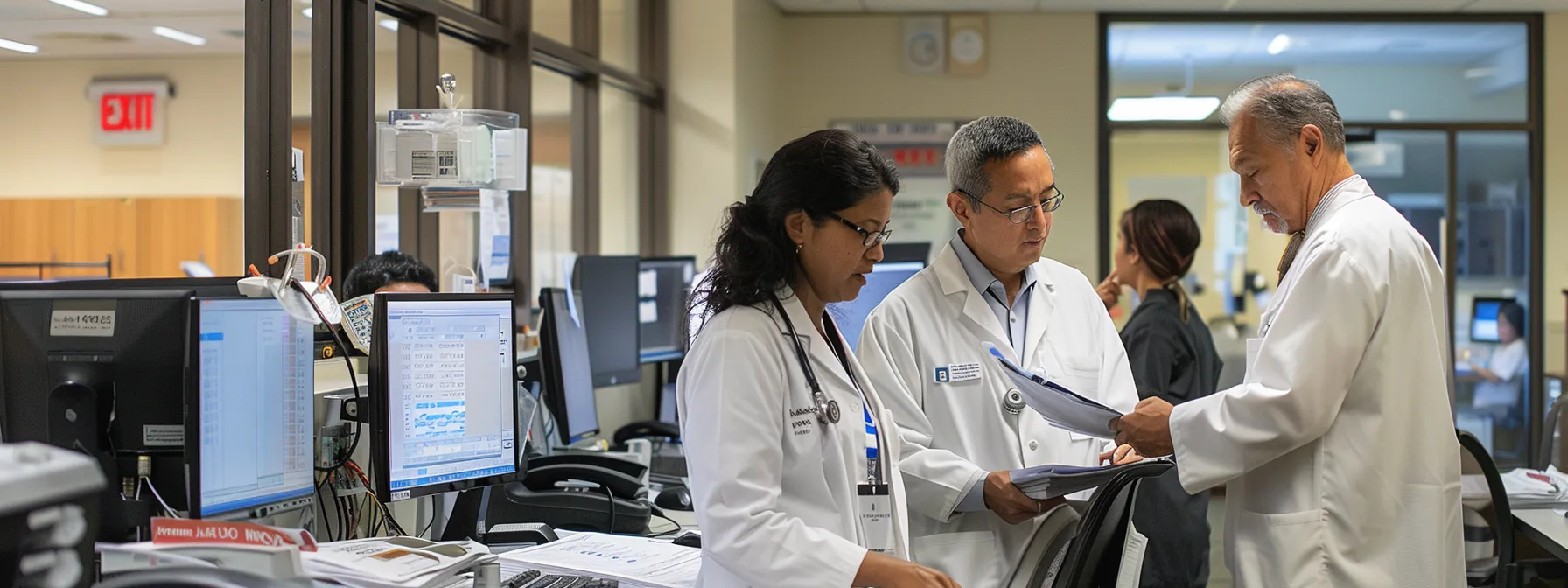 a dynamic healthcare-focused office scene captures a diverse team of professionals collaboratively reviewing medical billing documents under bright overhead lighting, emphasizing efficient practices and advanced coding techniques to maximize revenue.