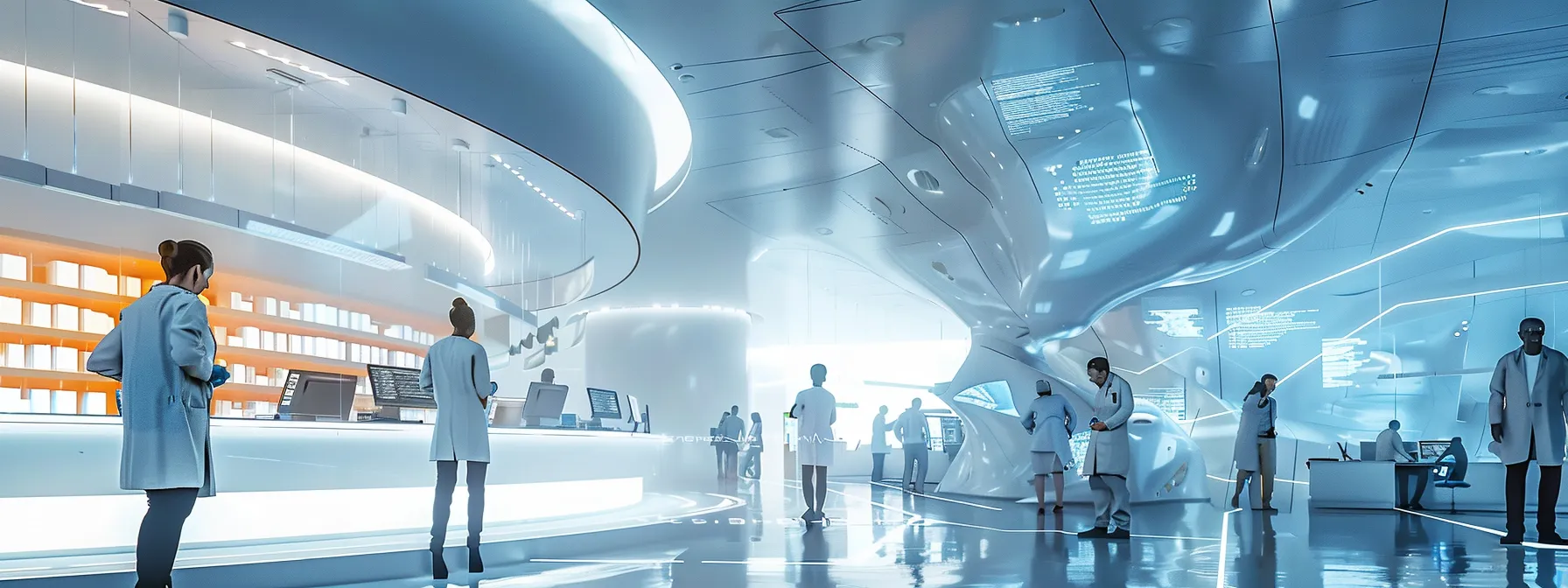 a futuristic healthcare facility bustling with professionals analyzing real-time payment data on sleek digital interfaces, illuminated by bright overhead lights that emphasize the innovation and efficiency transforming patient financial care.