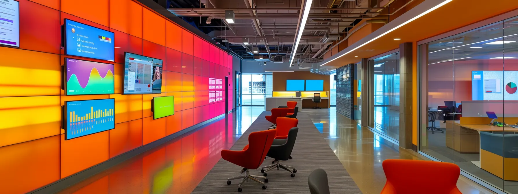 a high-tech office environment showcases a sleek digital dashboard displaying automated workflows and analytics in vibrant colors, illustrating the transformative impact of automation on claims processing.