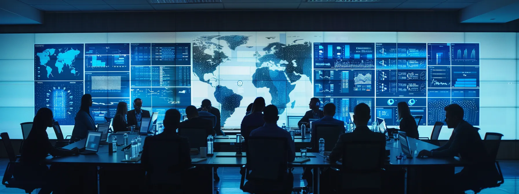 a modern office conference room, elegantly designed with sleek furniture and high-tech screens displaying data analytics, showcases a focused group of diverse executives engaging in a strategic discussion about accelerating claim settlements to enhance operational efficiency and customer satisfaction.
