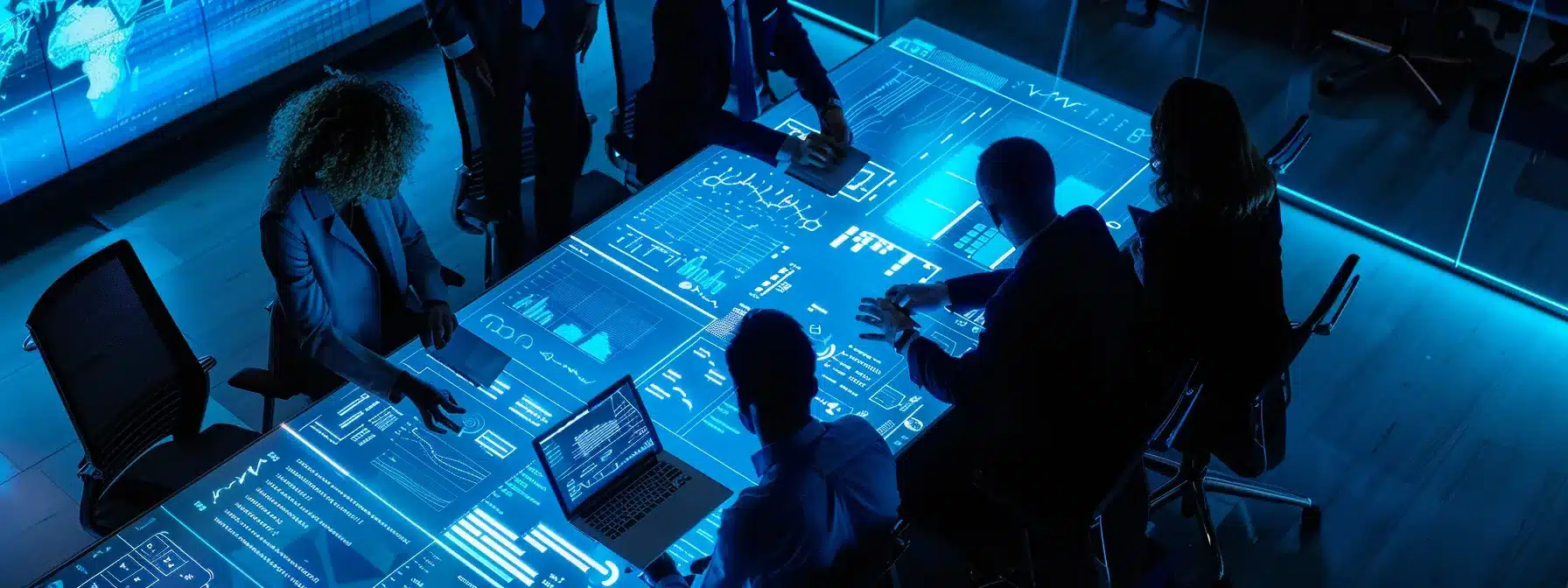 a modern office environment showcases a diverse team gathered around a sleek conference table, intently studying dynamic data visualizations on a large screen, embodying the transformative power of data analytics in claims management.