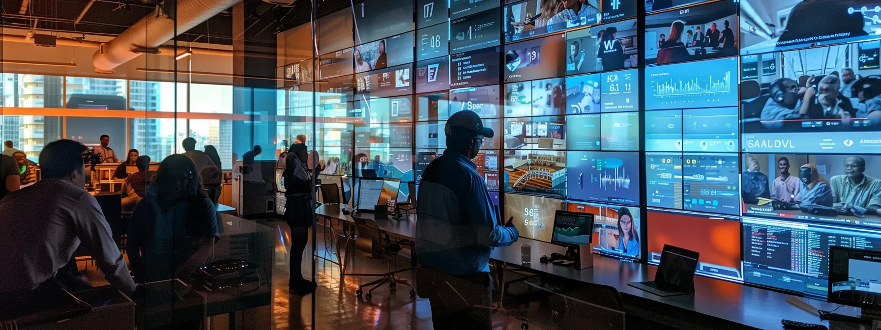 a modern office environment showcases a diverse team of professionals engaged in a high-tech discussion, surrounded by digital screens displaying real-time performance metrics and streamlined workflows for seamless claim processing.