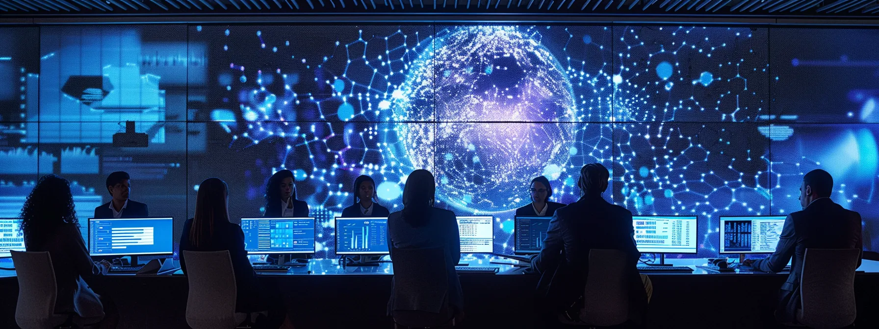 a modern office space showcases diverse professionals engaged in collaborative discussions around high-tech screens displaying real-time data analytics and workflow diagrams, highlighting the efficiency of optimized claims processing.