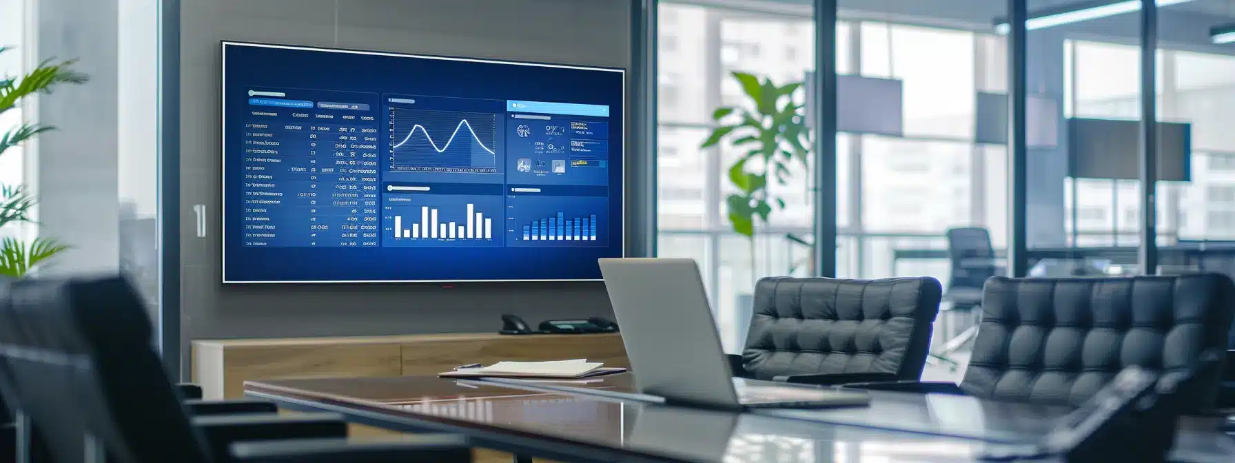 a modern office workspace showcases a large screen displaying dynamic charts and api connection visuals, emphasizing innovative digital document management techniques for claims processing, enhanced by sleek furniture and ambient lighting.