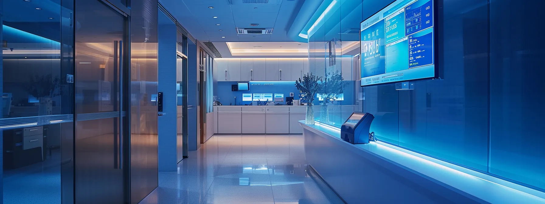 a sleek, modern healthcare facility showcases a digital interface displaying real-time payment transactions, illuminated by soft, ambient lighting that highlights the intricate technology while emphasizing the challenges of integration and security in a dynamic financial environment.