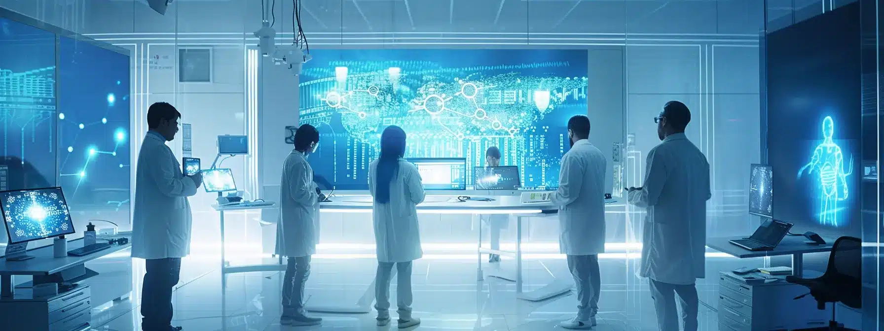 a sleek, modern office environment featuring professionals collaborating around a high-tech digital interface displaying sophisticated claim processing analytics, highlighting the transformative impact of automated technology in healthcare.