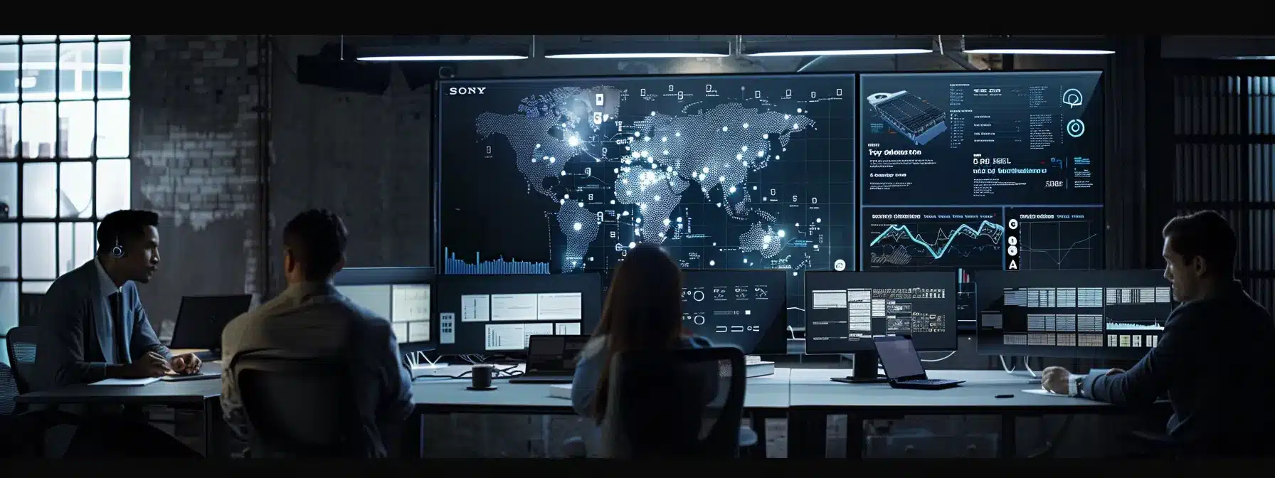 a sleek, modern office environment featuring a diverse team engaged in a strategic discussion around a digital security dashboard, highlighting advanced technology and compliance measures for asset protection.