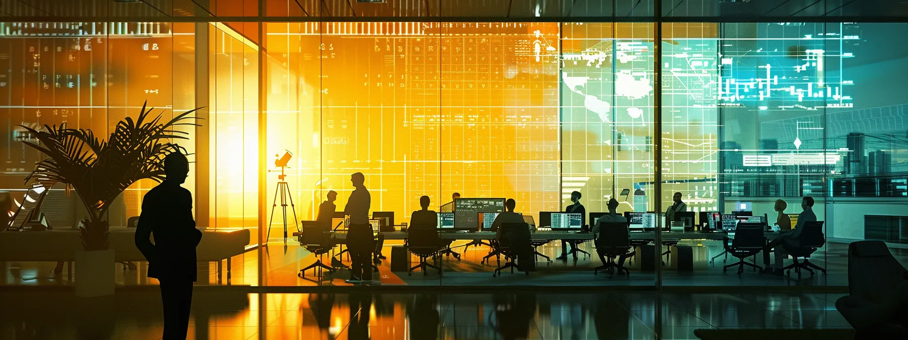 a sleek, modern office space showcases a diverse team of professionals collaborating around a large digital display, analyzing vibrant data visualizations and predictive models that depict the efficiency of data analytics in enhancing insurance claim processing.
