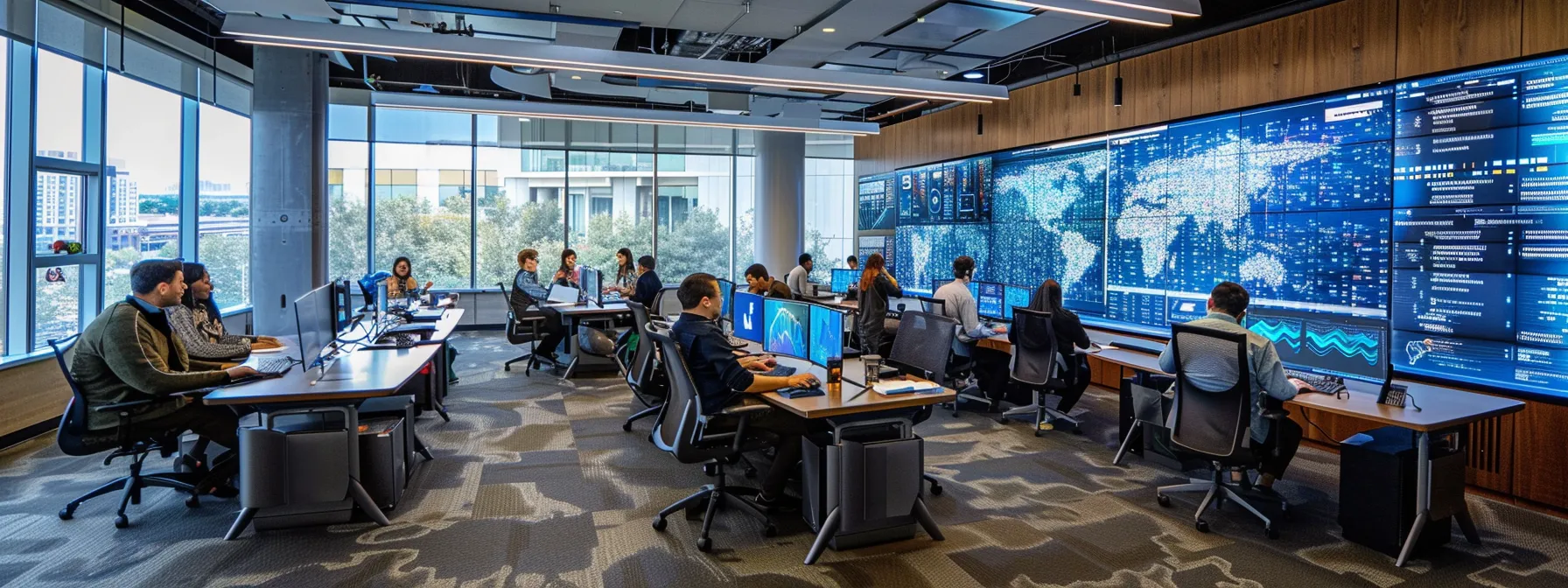 a sleek, modern office space filled with diverse professionals intensely analyzing digital interfaces displaying algorithms and blockchain graphics, symbolizing the transformative future of claims processing technology.