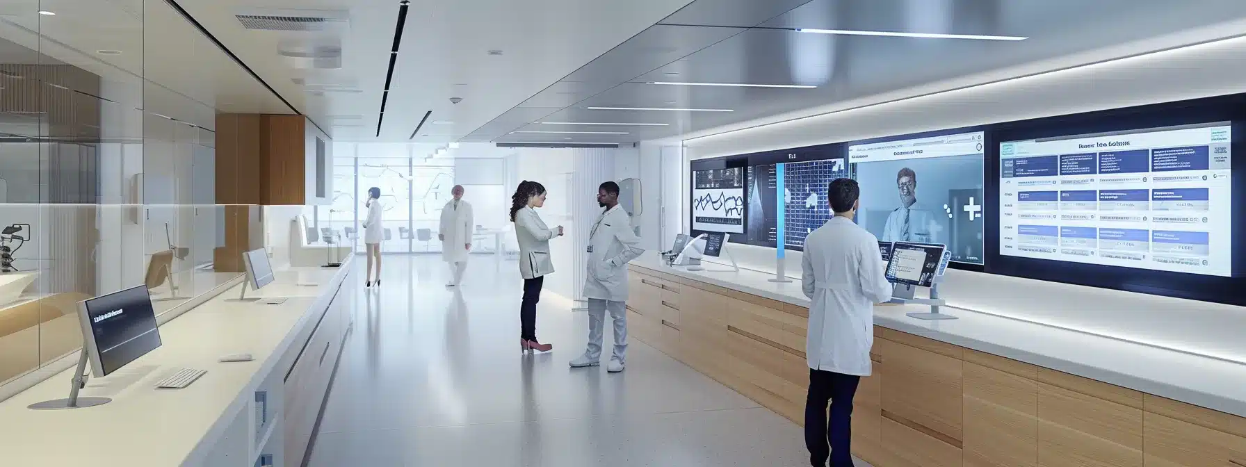 a sleek, modern office workspace showcases professionals collaborating over digital screens filled with data analytics and processing metrics, emphasizing the efficiency and speed of contemporary claim management technology in the healthcare sector.