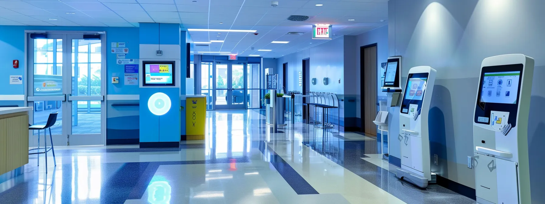 a vibrant healthcare setting showcases a digital payment kiosk with glowing screens displaying real-time transactions, symbolizing efficiency and enhanced patient experience amidst a bustling clinic atmosphere.