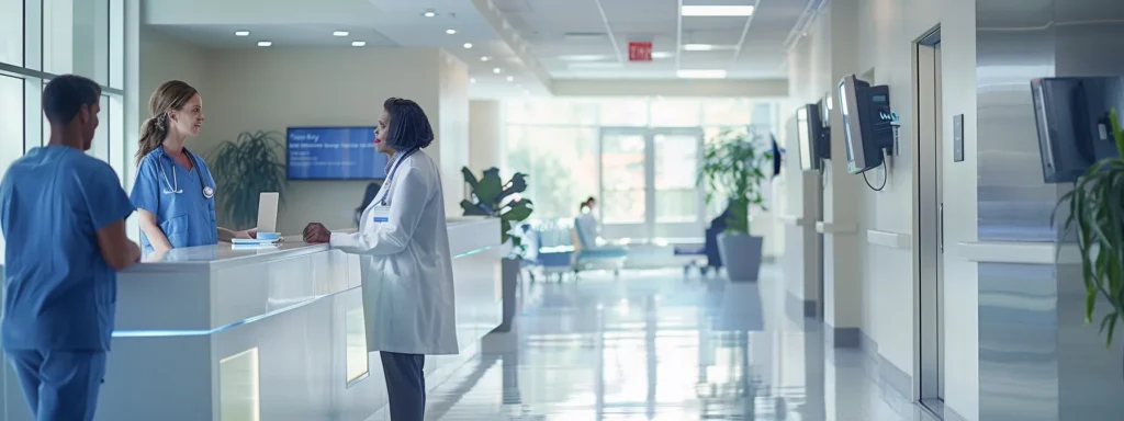 a vibrant, modern healthcare setting showcases a seamless digital transaction process on a large screen, illuminated by soft natural light, highlighting the efficiency and innovation of real-time payment solutions.