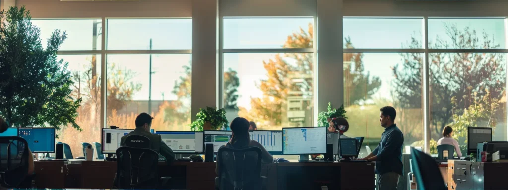 a vibrant, modern medical billing office filled with focused professionals analyzing data on sleek computer screens, illuminated by soft, natural light streaming through large windows, symbolizing efficiency and revenue growth.