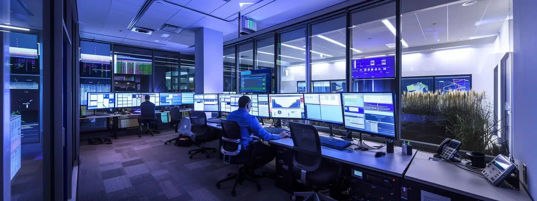 an intense office environment showcases a focused analyst reviewing digital financial transaction data on multiple screens, illuminated by sharp, artificial lighting, emphasizing the critical examination of potential false claims amid a modern technological backdrop.