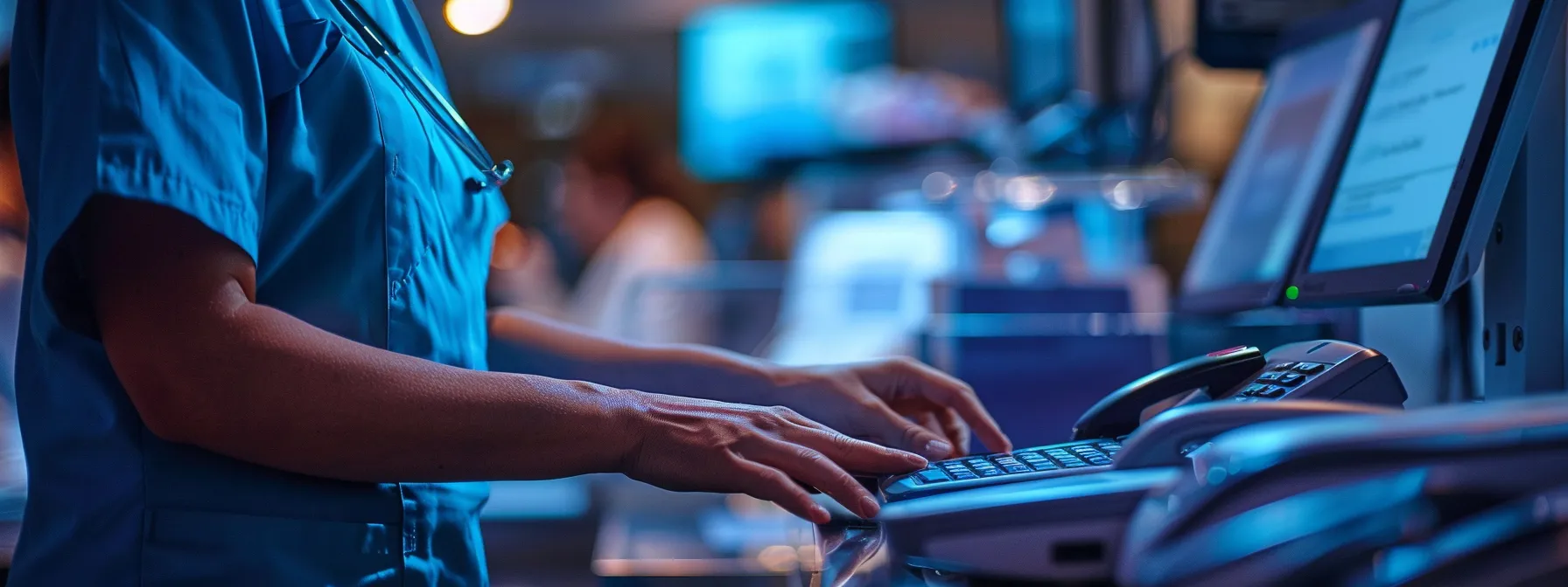 a dynamic, close-up shot of a healthcare professional engaging with an advanced electronic point of sale system, illuminated by soft, warm lighting that highlights the efficient and modern atmosphere of real-time payment processing in a medical facility.