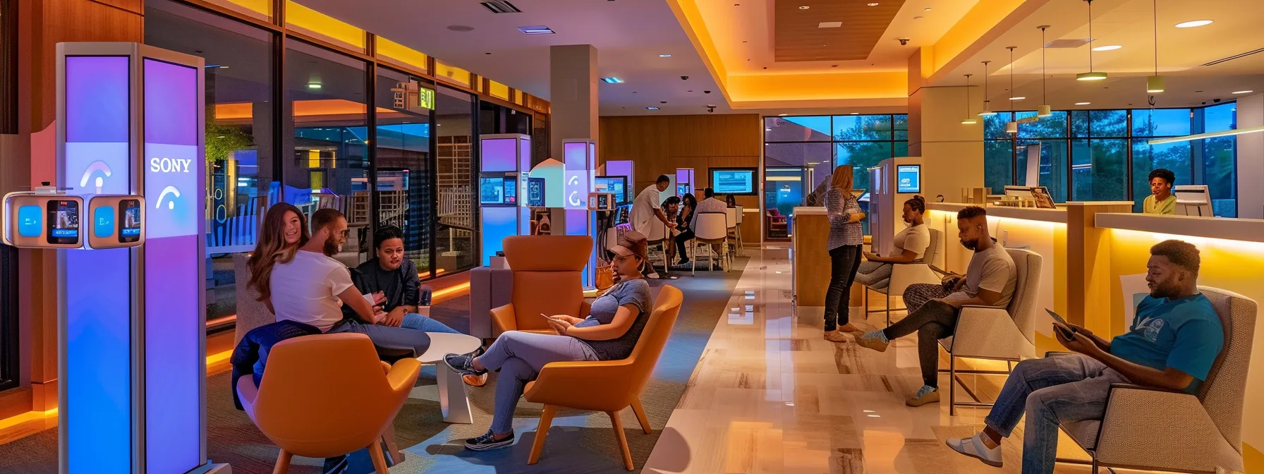 a vibrant healthcare environment showcasing diverse patients engaging with interactive digital kiosks, designed to facilitate smooth communication and flexible payment options, all illuminated by warm, welcoming lighting that emphasizes inclusivity and empowerment.